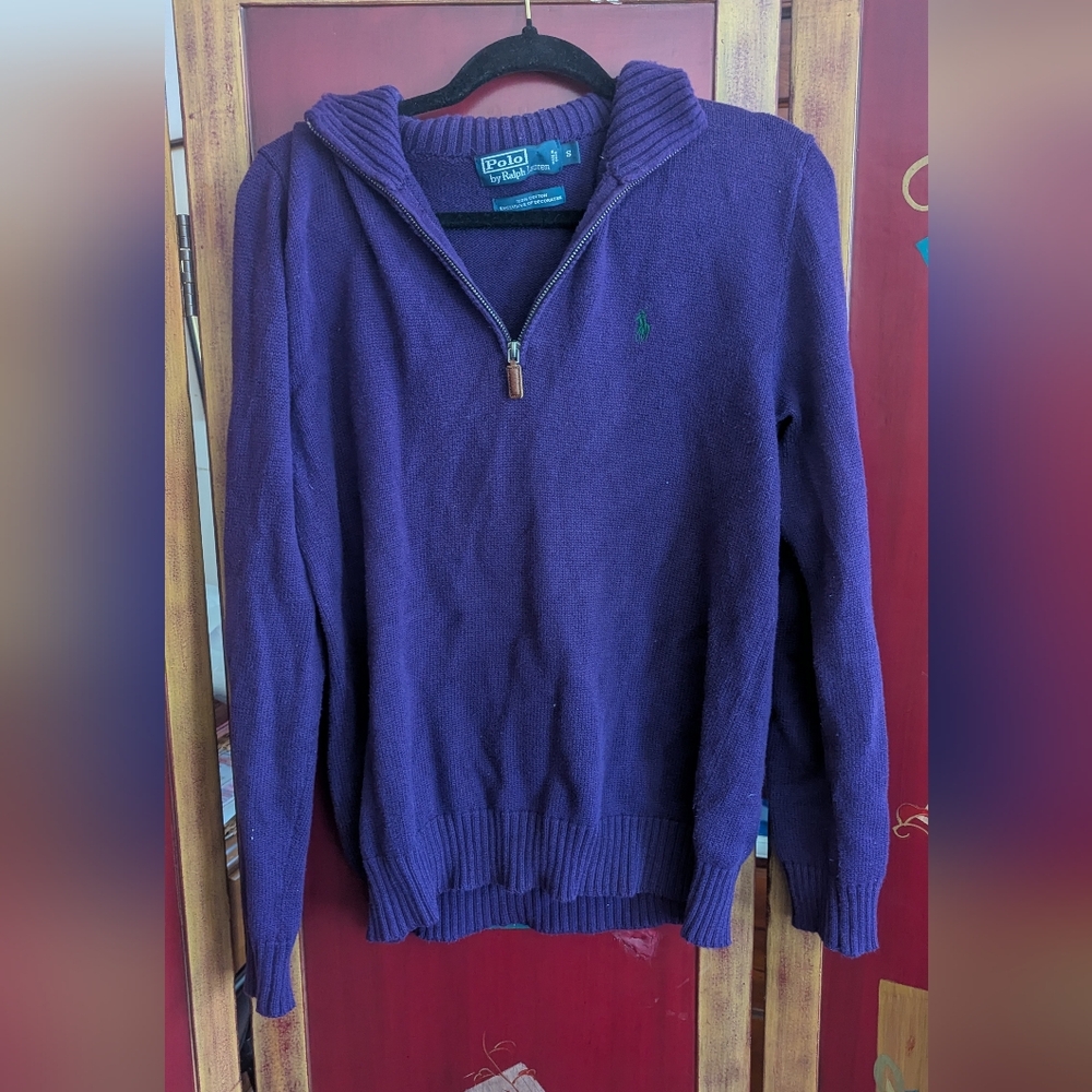 VTG Polo Ralph Lauren Quarter Zip Sweater Men's S Purple Cotton Pullover Pony